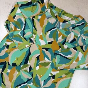 Susan Graver  Women Blue Green Printed Liquid Knit 3/4 Sleeve Top with Cutout M
